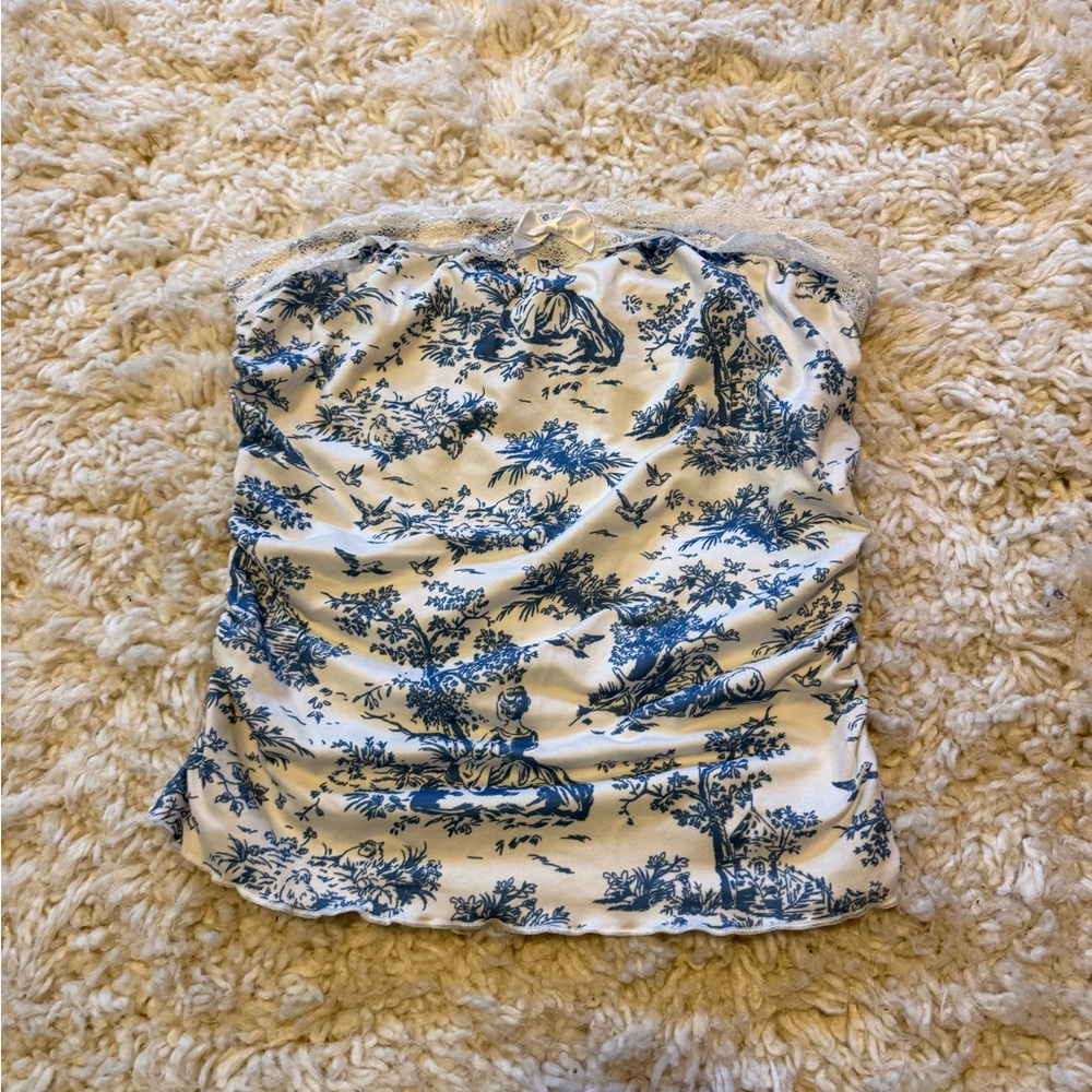 Blue and White Toile Print Tube Top